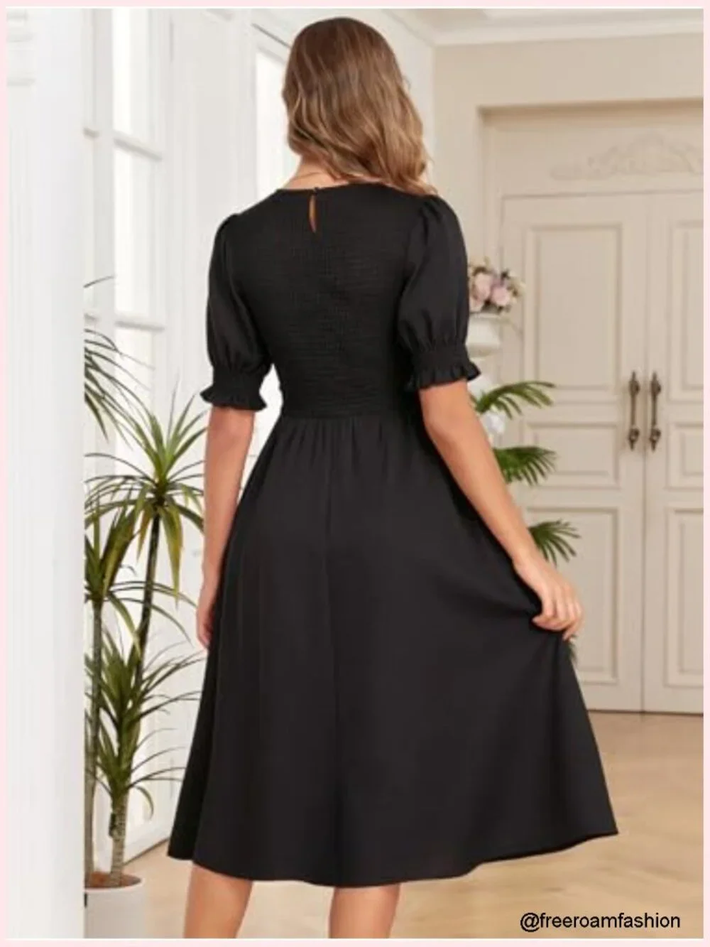 Women Casual Summer Midi Dress Crewneck Puff Sleeve A-Line with Pockets Smocked